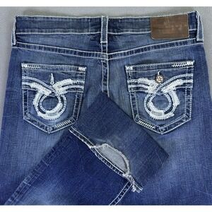 Big Star Jeans 38x35 Blue Pioneer Bootcut Distressed Embroidered Western Cowboy